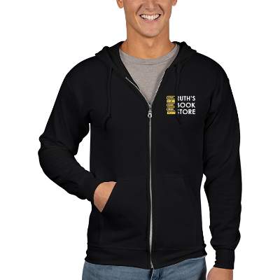 Black customized embroidered hooded zip up sweatshirt.