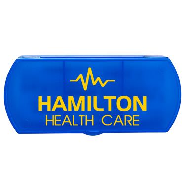 Blue plastic pill box with a custom imprint.