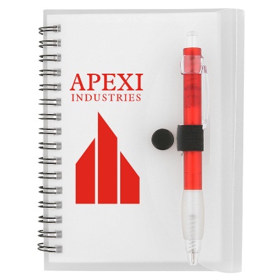 Customized white and red notebook with pen.