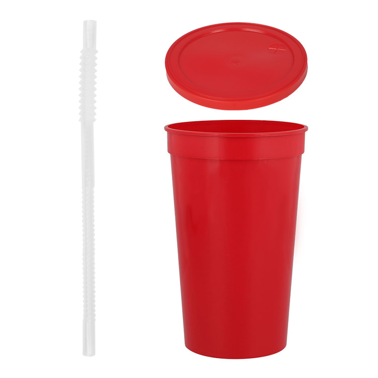Plastic stadium cup with lid and straw in 22 ounces.