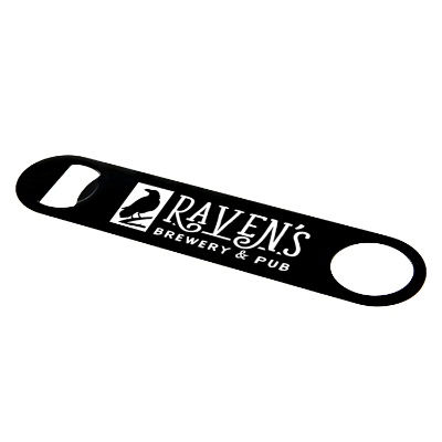 Stainless steel paddle style bottle opener with magnet with custom promotional imprint.