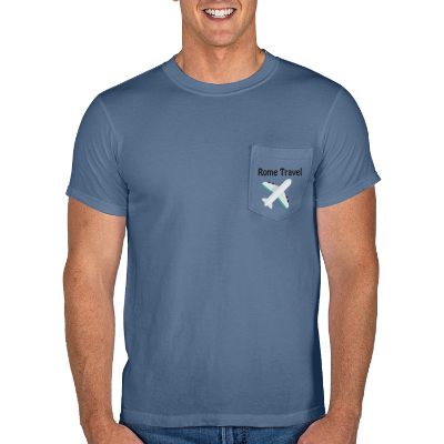 Customized blue jean pocket t-shirt with full color logo.