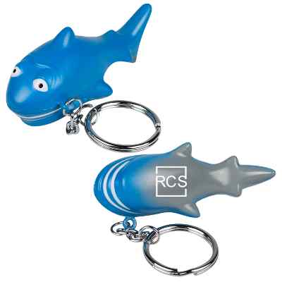 Shark stress ball keychain with a branded logo.