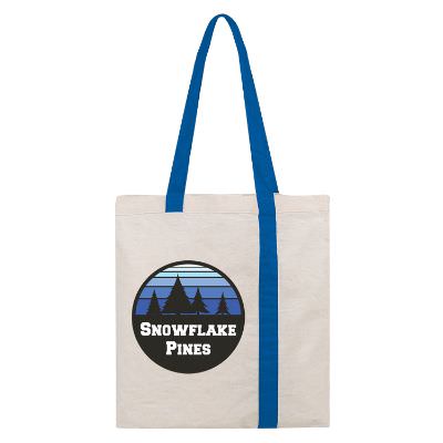 Cotton canvas natural and green striped tote with personalized full color logo.
