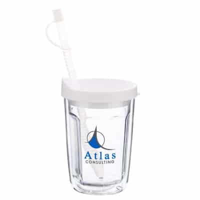 Arcylic clear with white tumbler with custom full-color imprint in 14 ounces.