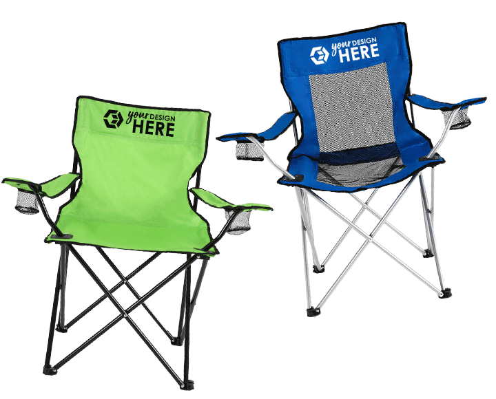 Lime green custom folding chairs with black imprint and blue custom lawn chairs with white imprint
