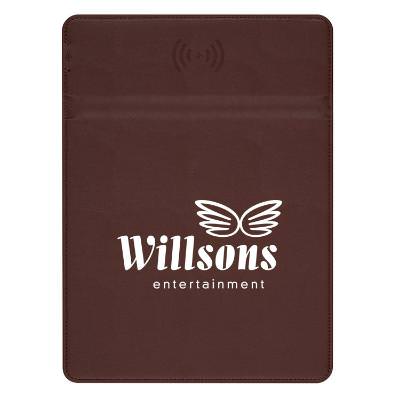 Faux leather brown mouse pad with charging phone stand and logo.