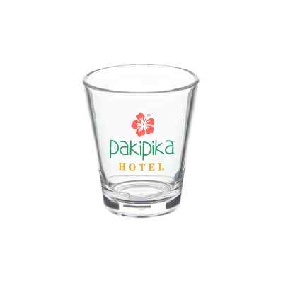 Arcylic clear shot glass with custom full-color imprint in 2 ounces.