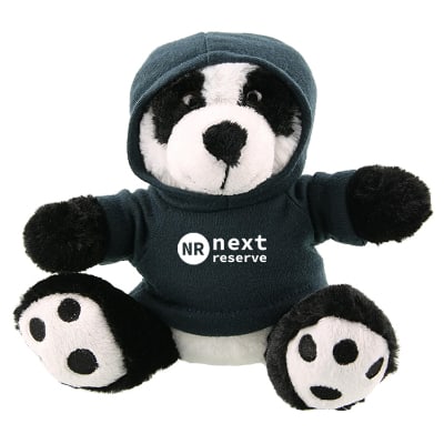 Plush and cotton panda with navy hoodie with custom logo.