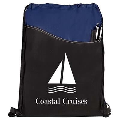 Non-woven polypropylene navy blue cinch bag with custom imprint.
