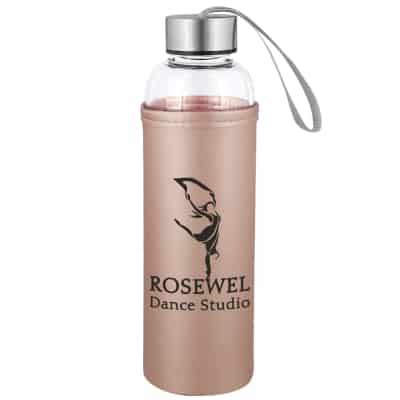 Glass water bottle with rose gold metallic sleeve with imprint in 18 ounces.