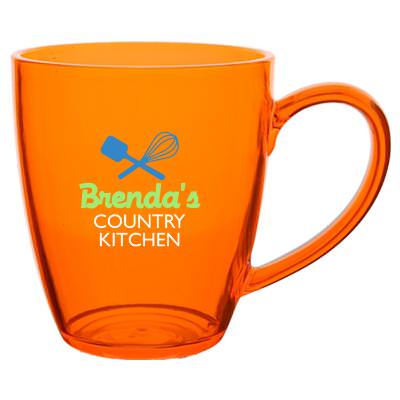 Acrylic orange coffee mug with c-handle and custom full-color print in 14 ounces.