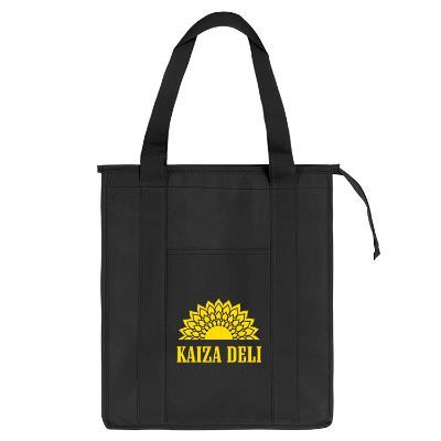 Polypropylene black cooler tote with custom logo, 9-inch gussets and insulated lining.