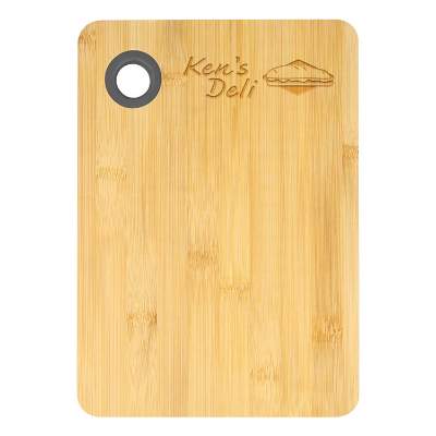 Bamboo cutting board with custom laser engraved logo.