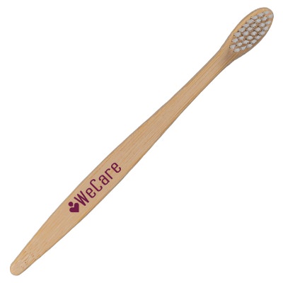 Natural bamboo toothbrush with a custom logo.