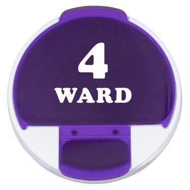 Plastic purple pill box with a personalized logo.