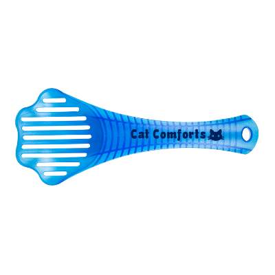 Blue pet litter scoop with custom promotional logo.