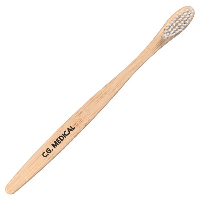 Natural bamboo toothbrush with a custom logo.