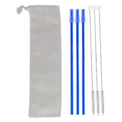 Blank 3 pack blue stainless steel straw kit.