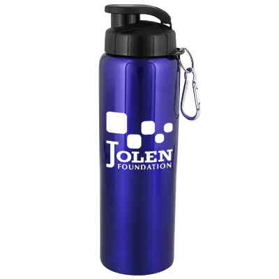 Metal charcoal gray water bottle with custom branding in 24 ounces.