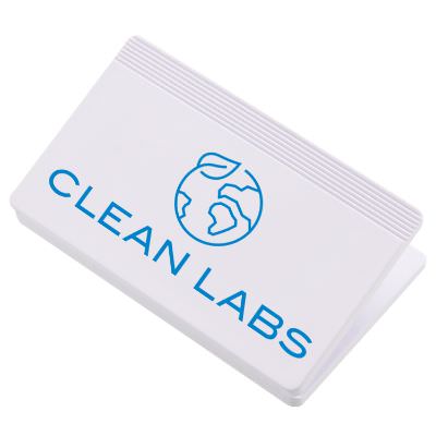 Polystyrene white rectangle chip clip with personalized printing.