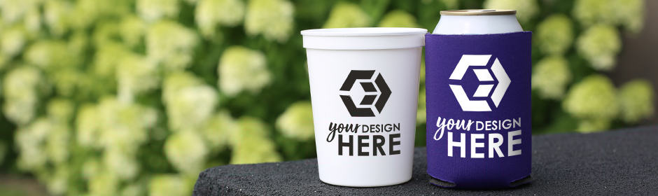 Best Selling Custom Drinkware White stadium cup with black imprint and purple stadium cup with white imprint