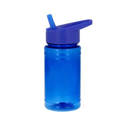Upcycle plastic blue water bottle with flip straw lid blank in 16 ounces.