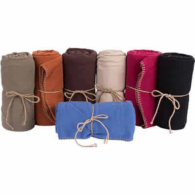 Blank 100% recycled polyester blanket with string tie in 7 colors.