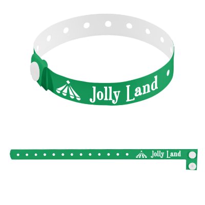 Plastic green wristband personalized with a one-color imprint.