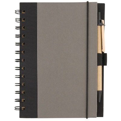 Cardboard charcoal and black eco notebook with pen blank.