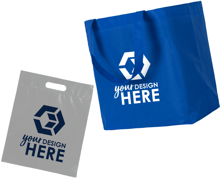 Gray custom shopping bags with blue imprint and blue custom retail bags with white imprint
