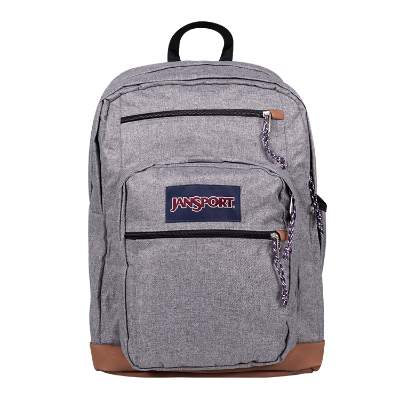 Recycled polyester gray and tan backpack.
