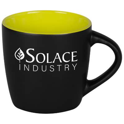 Ceramic black with lime green coffee mug with c-handle and custom logo in 11 ounces.