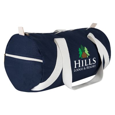 Cottom canvas navy duffel with personalized full color imprinting.