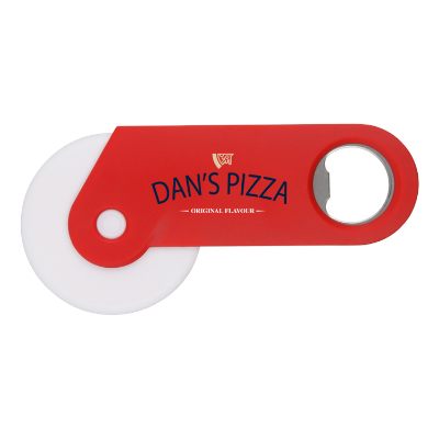 Plastic red metal pizza slicer with metal bottle opener imprinted.