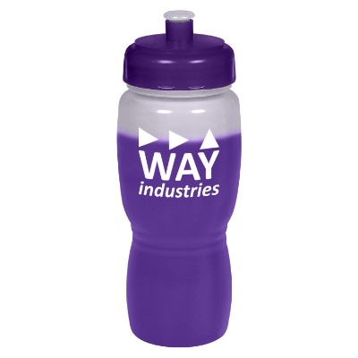 Plastic frosted to pink mood water bottle with imprinted logo and push pull cap in 18 ounces.