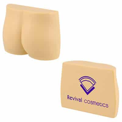 Foam buttocks stress reliever with imprinted logo.