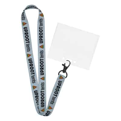 3/4 inch satin polyester full-color custom logo lanyard with lobster clip and horizontal ID holder.