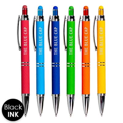 Bright colored click pen with custom logo.