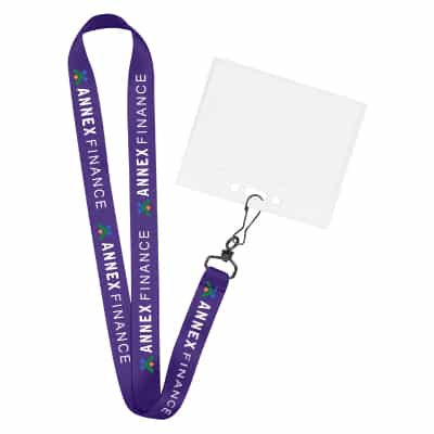 3/4 inch satin polyester full-color custom imprint lanyard with black j-hook and horizontal ID holder.