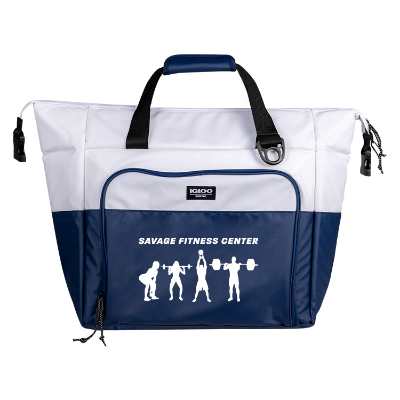 White and blue tote cooler with custom logo.