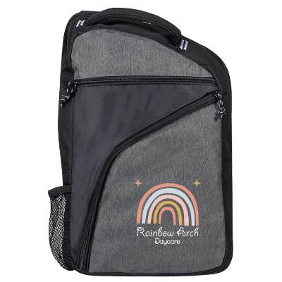Gray two-tone backpack with full-color logo.