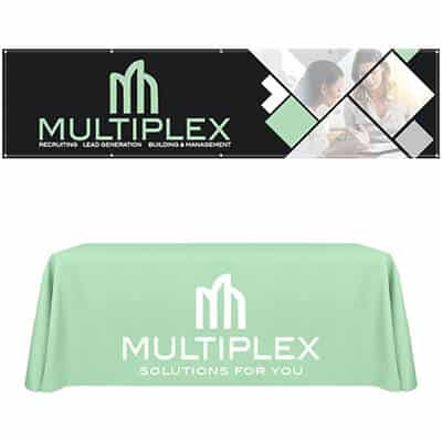Custom polyester table cover with 2 feet by 8 feet custom imprint vinyl banner trade show package.