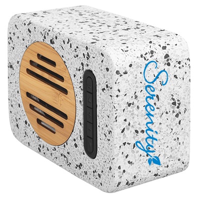 White with black bamboo speaker with a personalized logo.