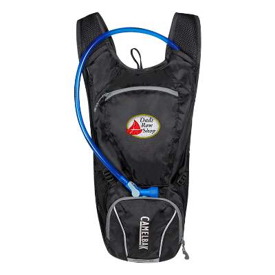 Black nylon and recycled polyester hydration backpack with embroidered logo.
