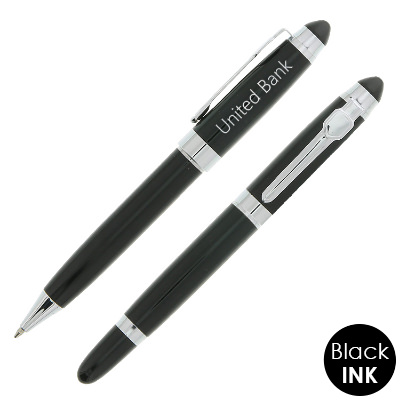 Black and silver writing set with personalized engraved logo.