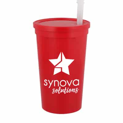Plastic green stadium cup with lid and straw and custom logo in 22 ounces.