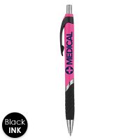 Branded colorful pen with chrome trim.