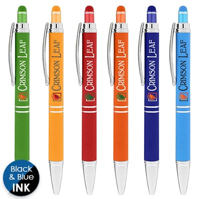 Branded full-color metal pen with stylus.