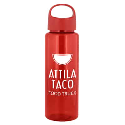 Plastic red water bottle with oval crest lid and custom promtions in 32 ounces.